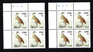 2002-04 Ireland Tenth Definitive Stamp Birds 4c Corncrake Plate Block 1A1A1A1A & 1B1B1B1B Mint Never Hinged (MNH)