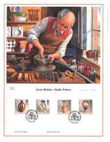 1987 Great Britain Limited Edition Lithographed Print measuring 333mm X 257mm showing studio Pottery Commemorative stamps with First Day of Issue Cancel