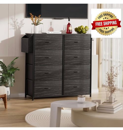 Fabric Chest of Drawers - Canvas Storage Unit with 8 Large Drawers Label Cards, Side Pocket & Hook for Living Room, Hallway, Bedroom