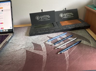 Two Galen Leather B6 notebooks and four Pilot Acro 1000 pens