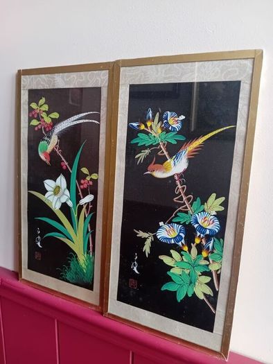 A Pair of mid century painted silk panels