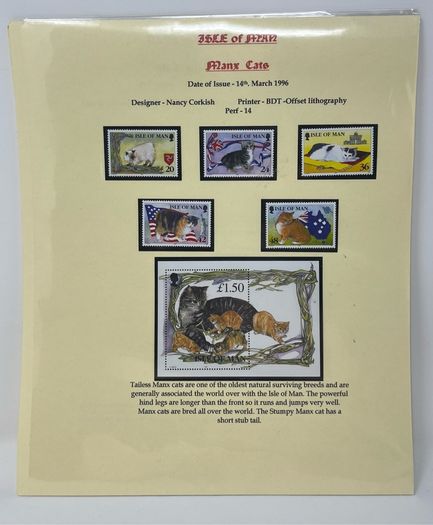 24 Beautifully written up Isle of Man display pages with lots of postcards and stamps. Maps, IOM TT and Manx cat noted