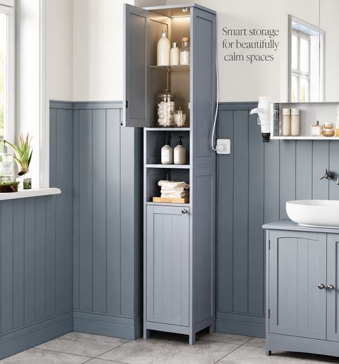 Slim Tall Bathroom Storage Cabinet with Door Activated Light 170cm