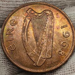 Ireland 1968 1d Penny Beautiful Uncirculated with Amazing Rainbow Toning