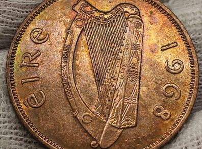Ireland 1968 1d Penny Beautiful Uncirculated with Amazing Rainbow Toning