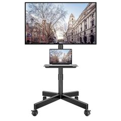 Mobile TV Stand on Wheels, 23-60 Inch, Tilt, Height Adjustable, 25kg  Max VESA 400x400 mm, rolling cart, media shelf, 2-level low-profile design, LED LCD OLED screens, homes, offices, black