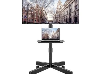 Mobile TV Stand on Wheels, 23-60 Inch, Tilt, Height Adjustable, 25kg  Max VESA 400x400 mm, rolling cart, media shelf, 2-level low-profile design, LED LCD OLED screens, homes, offices, black
