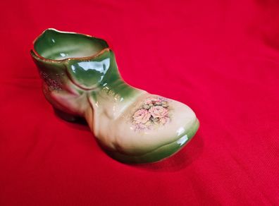 Staffordshire Style Porcelain Boot Vase - Green with Roses ,  Decor or Cactus Planter