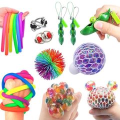 Fidget Sensory Toys for Autism, ADHD - Including 1 Stress Relief Balls, 1 Monkey Stringy Balls 2 Soybean, 2 Flipped Chain and 4 Large Size Stretch Strings - 10 Pack (FREE POSTAGE)