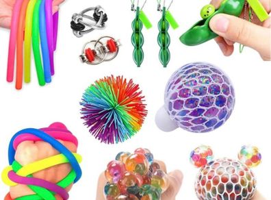 Fidget Sensory Toys for Autism, ADHD - Including 1 Stress Relief Balls, 1 Monkey Stringy Balls 2 Soybean, 2 Flipped Chain and 4 Large Size Stretch Strings - 10 Pack (FREE POSTAGE)