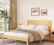 Double Bed Frame with Headboard  Bamboo Wood Platform Bed Frame with Metal Slats Support and Underbed Storage Bedroom Furniture, Easy Assembly, Noise Free, Sturdy, 35.5 cm High