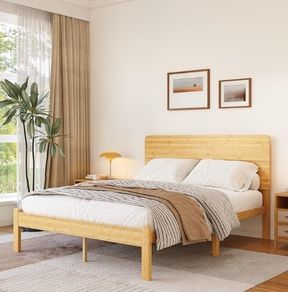 Double Bed Frame with Headboard  Bamboo Wood Platform Bed Frame with Metal Slats Support and Underbed Storage Bedroom Furniture, Easy Assembly, Noise Free, Sturdy, 35.5 cm High