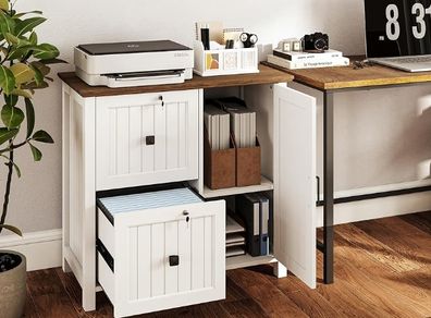File Cabinet, Wooden Filing Cabinet with 2 Lockable Drawers, Under Desk drawers for Letter/A4 Size, Home Office Drawer with Adjustable Shelf &1 Large Cupboard, Printer Stand, White