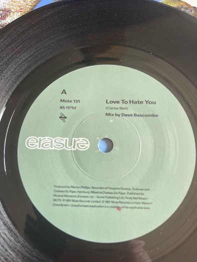 Erasure Love to hate you picture sleeve vinyl record single in vg+ condition