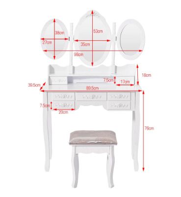 BRAND NEW 7 Drawers Retro Carved Dressing Table With Stool,Tri-Fold,Adjustable Makeup Mirrors,Europe Style Bedroom Furniture