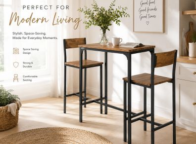 Industrial Bar Table Set with 2 Bar Stools Vintage Brown Black 3 Piece Breakfast Dining Set