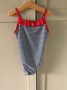 Girls navy & white striped swimsuit with red trim brand new with tags