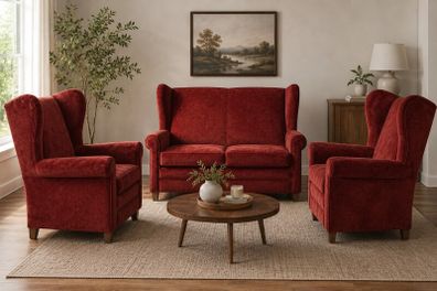 Vintage Wingback Living Room Suite -  Loveseat + 2 Matching Armchairs
