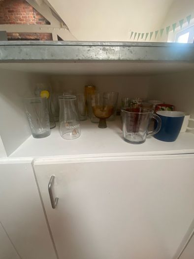 Pots, pans, glasses, silverware, cutting boards, bowls, plates, etc.