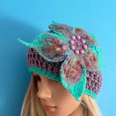 Handmade crochet hat with felted flower