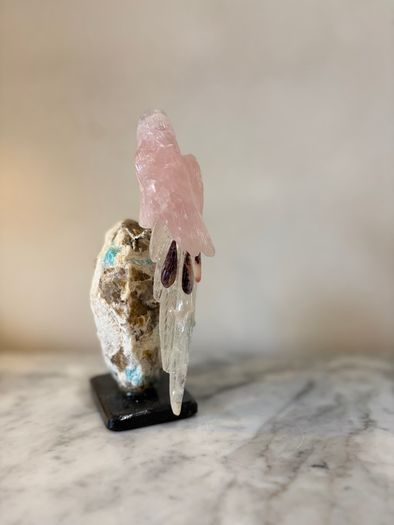 Hand-Carved Rose Quartz Parrot on Raw Amazonite & Crystal Matrix Base