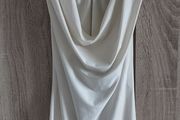shiny cream open back mini dress fits xs-s-m pls read description