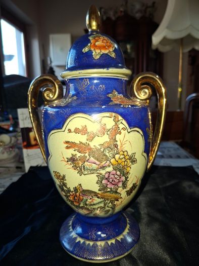 Vintage Twin Handled Japanese Cobalt Blue & Gold Lidded Urn or Amphora Vase, Postage available or Collection