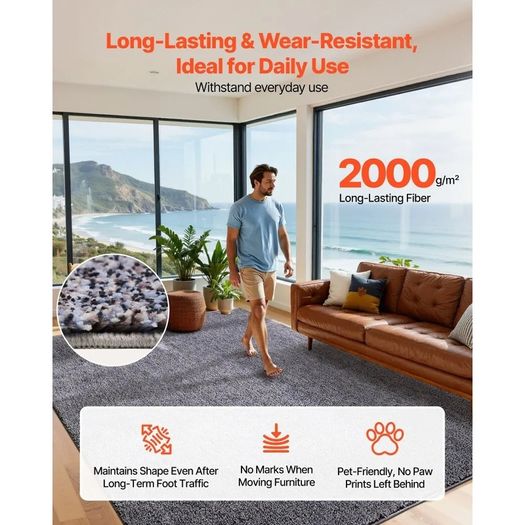 Indoor Plush Area Rugs, 2.44 x 3.05m Plush Carpet, Area Rugs Furry with Long Plushs Pile, Thick & Durable High-Pile Rug for High-Traffic Areas, Non-Shedding & Non-Slip Backing, Blue-Gray