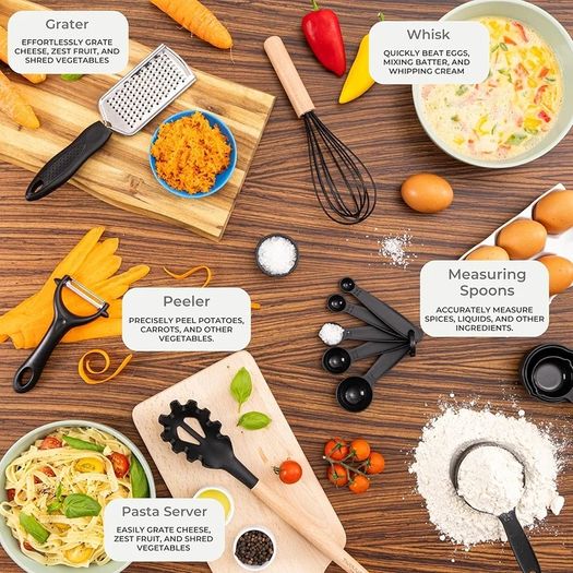 Kitchen Non Stick Cooking Utensils Set Heat Resistant Silicone Utensils with Wooden Handle Ladles, Spoons and Spatulas Set  Kitchen Tools & Accessories 35pcs, Black