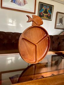 Vintage Teak Mid Century Divided Serving Platter Carved Handle Retro Stylised Fish