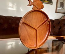 Vintage Teak Mid Century Divided Serving Platter Carved Handle Retro Stylised Fish