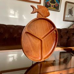 Vintage Teak Mid Century Divided Serving Platter Carved Handle Retro Stylised Fish
