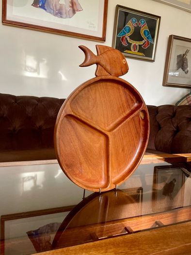 Vintage Teak Mid Century Divided Serving Platter Carved Handle Retro Stylised Fish