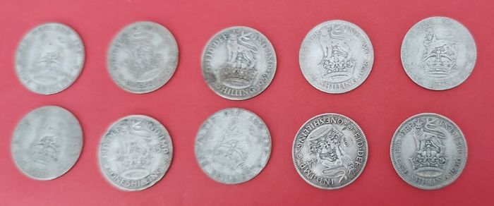 England 10 X 1920's 50% Silver Shilling Coins