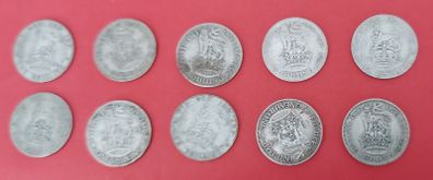 England 10 X 1920's 50% Silver Shilling Coins