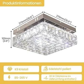 10.6" Modern Crystal Chandeliers Square Ceiling Light Led Ceiling Lights Mini Bedroom Fixture 30W for Kitchen Hallway Dining Room (Color Temperature/Brightness Adjustable)