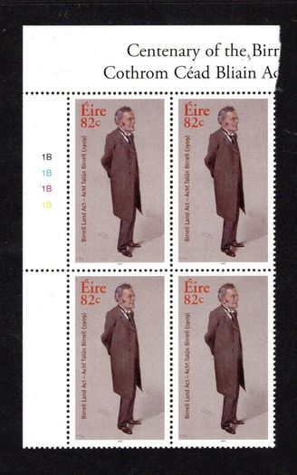 2009 Ireland The 100th Anniversary of the Birrell Land Act Commemorative Stamp Plate 1B1B1B1B Mint Never Hinged (MNH)