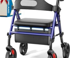 Foldable Rollator Walkers with Seat for Seniors, 8'' Big Wheels, 350 lb. Weight Capacity, Adjustable Handles and Seat Height, Lightweight Rolling Walker, Blue