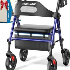 Foldable Rollator Walkers with Seat for Seniors, 8'' Big Wheels, 350 lb. Weight Capacity, Adjustable Handles and Seat Height, Lightweight Rolling Walker, Blue