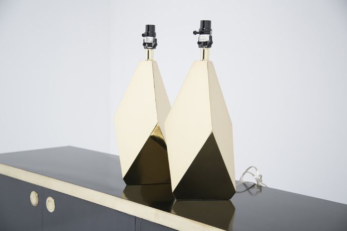 Pair of Modern Brass Origami Mid-century Style Table Lamps, USA