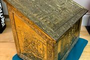 Vintage antique embossed brass fireside log box, coal box