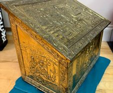 Vintage antique embossed brass fireside log box, coal box