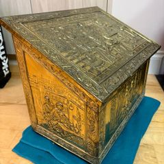 Vintage antique embossed brass fireside log box, coal box