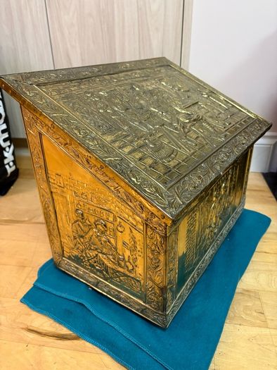 Vintage antique embossed brass fireside log box, coal box
