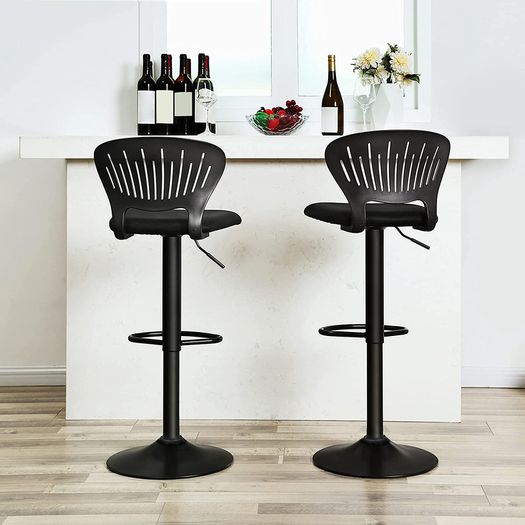 Bar Stool Set of 2 Height Adjustable with Crown Backrest 360 Degree Rotating Comfortable Padded Seat Kitchen Bar Black