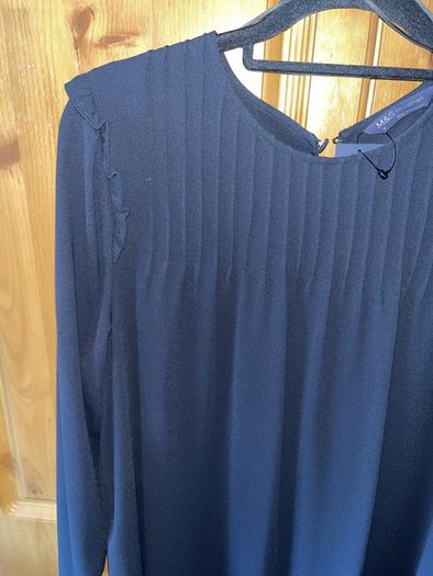 Dress M&S, black, long sleeves, very dressy, round neck with pleated detail at top.