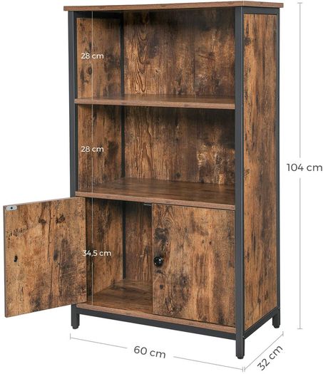 Bookcase, Book Cabinet, Office Shelf, Kitchen Cabinet with 2 Open Compartments, 1 Shelf with Cupboard Doors, Multifunctional, Industrial Design, Vintage brown