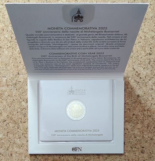 Vatican 2 Euro Brilliant Uncirculated Coins 2025 - 550th anniversary birth of Michelangelo AND Holy Year MMXXV (Coins in hand, this is not a presale)