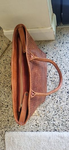 brown leather woven shoulder bag