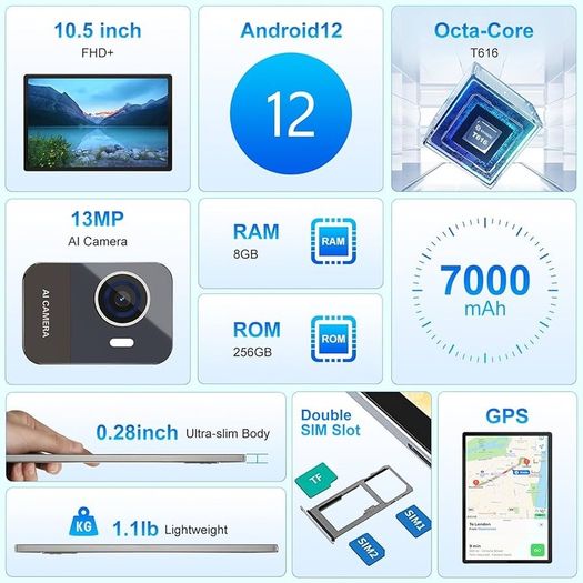 NEW SALE | 2023 Newest 256GB Tablet, NEW Octa-Core 2.0GHZ Processor, 10.5" LTE FHD 1920x1200 Pixels Tablets, Type-C, GPS, 7000mAh, 5MP+13MP Camera, Bluetooth 5.0, 2.4G&5GWIFI, Dark Grey